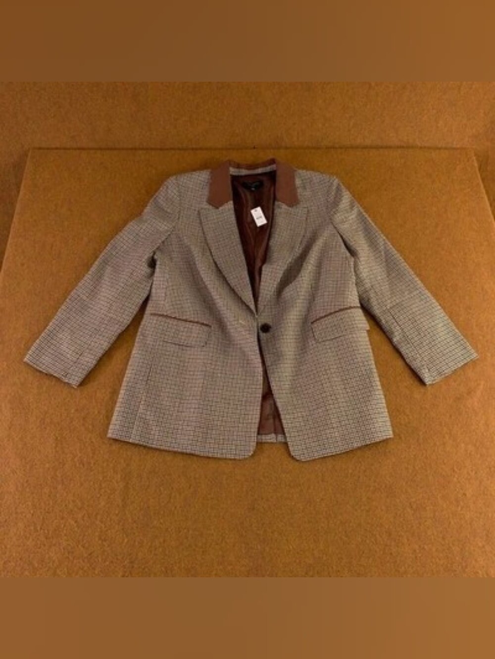 Talbots Womens 12 Petite Brown Black Houndstooth One Button Front Blazer NWOT